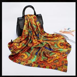 Golden green paisley printed sateen scarf luxury accessory
